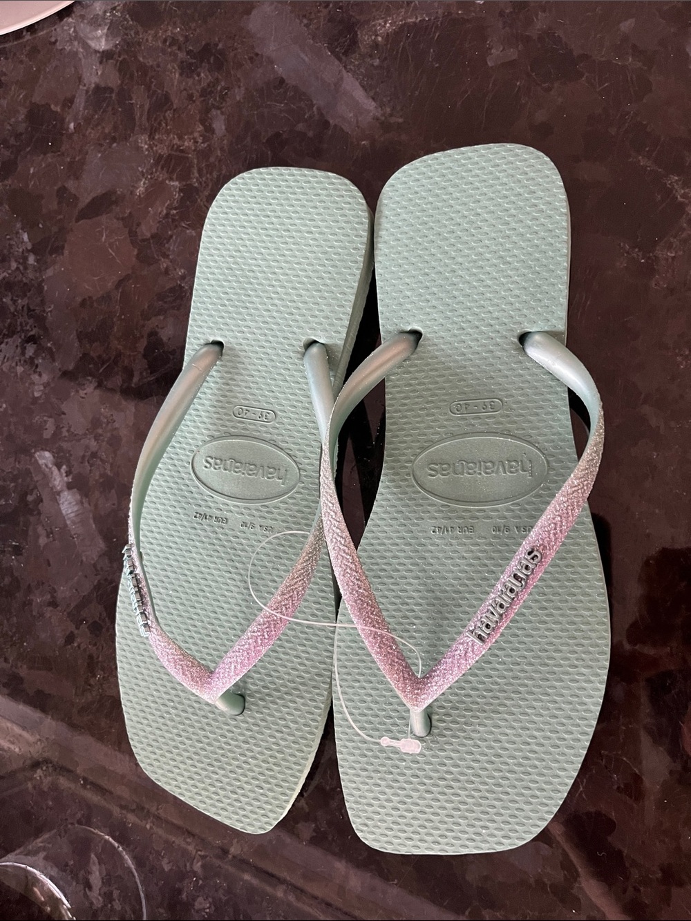 Havaianas Women's Mint Green Flip Flops with Pink Glitter Straps